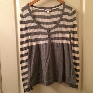 Gray and White Striped Lightweight Henley Sweater